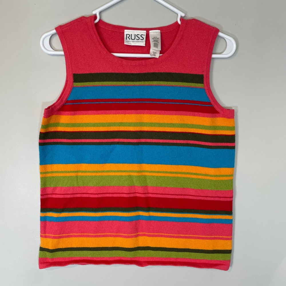 VTG Russ Liz Claiborne Womens M Striped Sleeveless Knit Shell Top Multi-Color